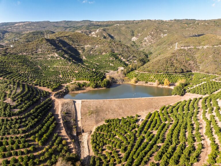 Dennis Reservoir and its dam between planted hillsides