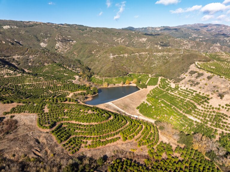Reservoir and orchards beneath the mountain ridgeline