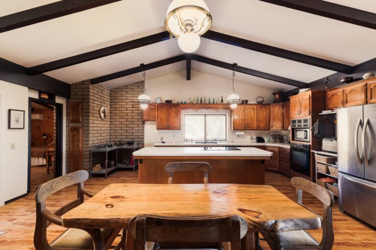 Kitchen with beamed ceilings