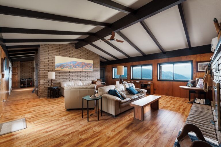 Living room with beamed ceiling and canyon views