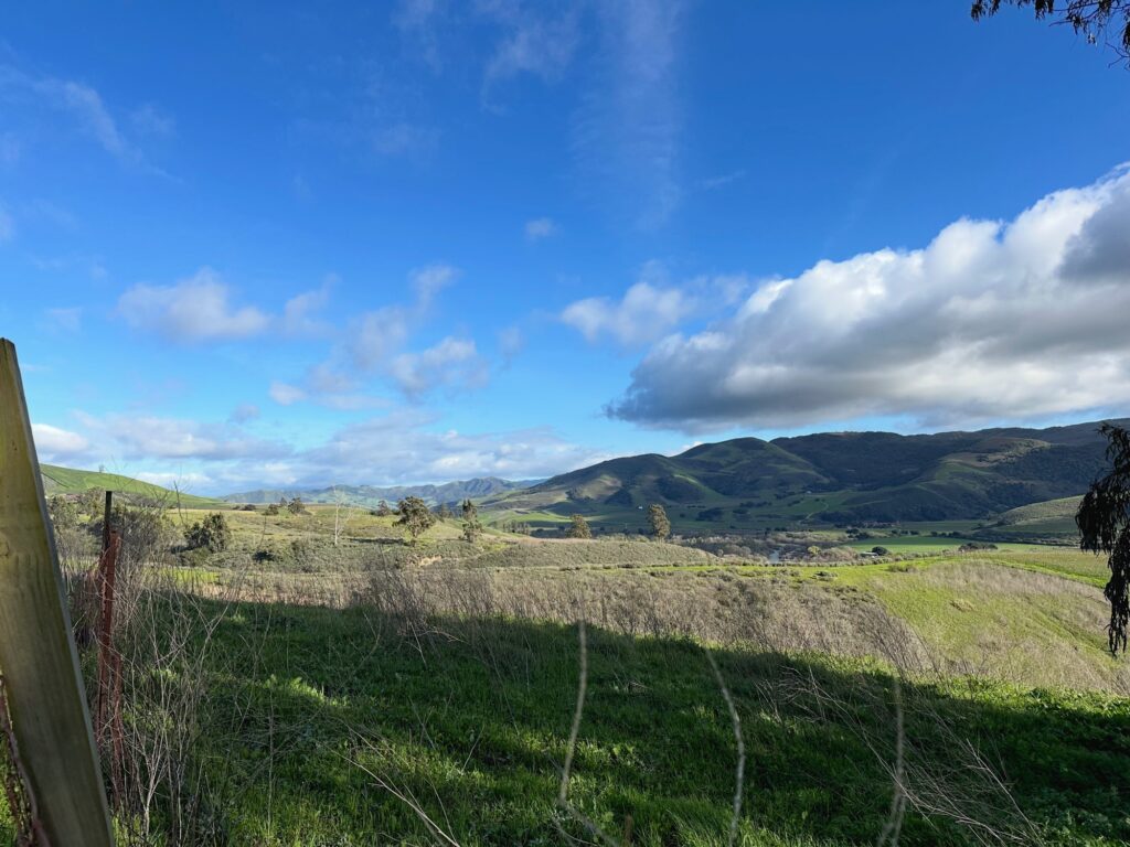 Fence line and rolling hills under blue sky